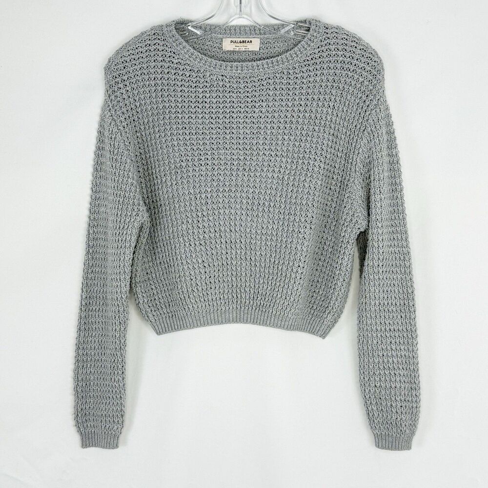 Pull and Bear Womens Small Gray Knit Ribbed Oversized Cropped Pullover Sweater